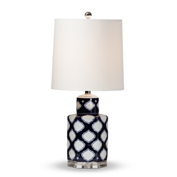 Baxton Studio Tierney Modern and Contemporary Dark Blue and White Quatrefoil Patterned Ceramic Table Lamp